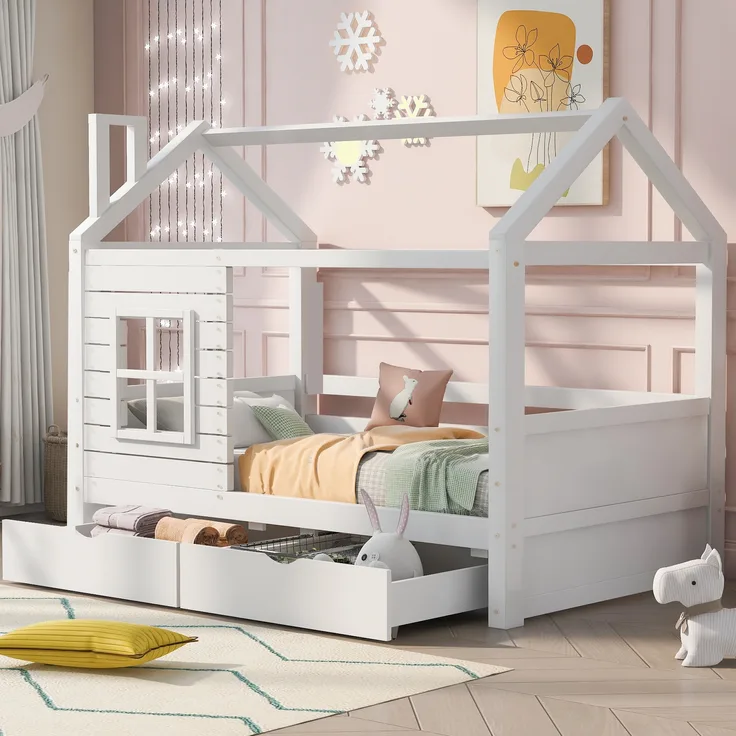 Hausbett Kinderbett Jugendbett, mit Rausfallschutz, Fenster und Lattenrost, vielseitig, Massivholz, weiß, 90 x 200 cm