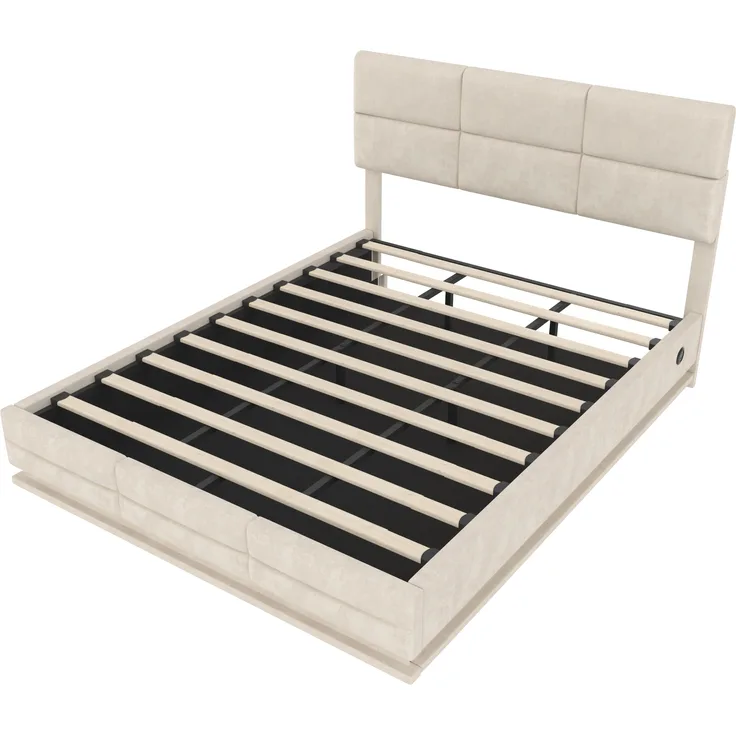 LVHOM Polsterbett 180x200cm mit LED und USB, Einzelbett mit Hydrauliksystem, Stauraumbett Samtstoff, Bettgestell Massiv, Boxspringbett, Beige