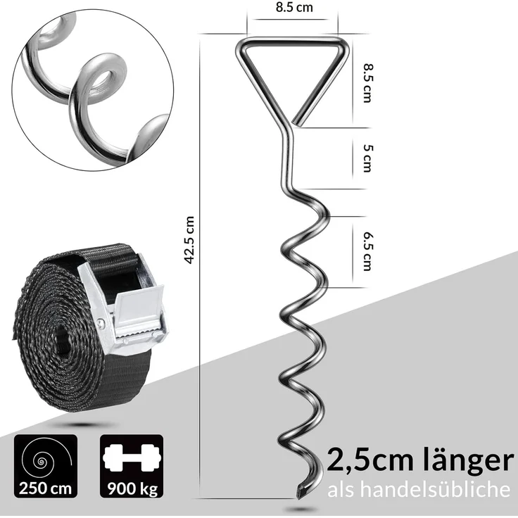Monzana 4 Bodenanker Trampolin 42,5cm 5 Windungen 900kg Verstellbare Gurte Rostfrei Sicherung Set Erdanker Befestigung – Bild 7