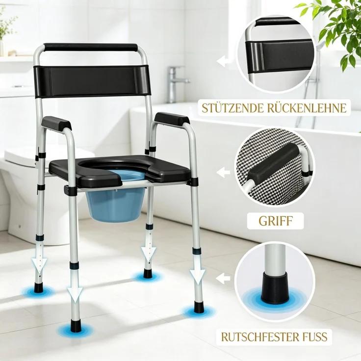 Klappbarer Toilettenstuhl mit Armlehnen und Rückenlehne,Tragbarer Sanitärstuhl,Klappbarer Toilettenstuhl,Höhenverstellbarer Toilettenstuhl als Duschhilfe(nur mit 1pcs Toilettenstuhl)--Schwarz--52.5x46x97cm--YOUDENOVA – Bild 3