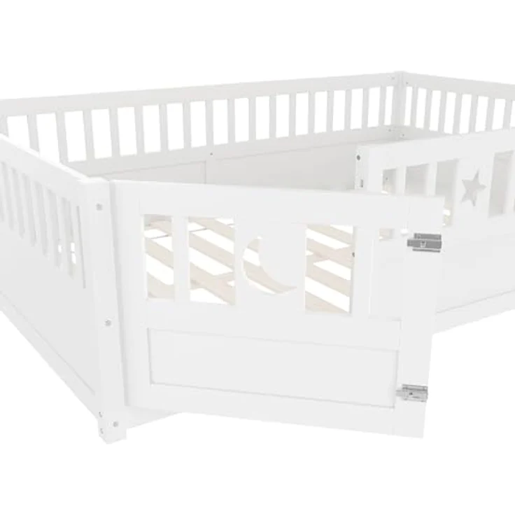 Ball & Cast Bodenbett (140x190 cm), Kids Bed und Jugendbett mit Stern- & Monddekoration, Kinderbett 90x200 mit rausfallschutz, Weiß – Bild 10