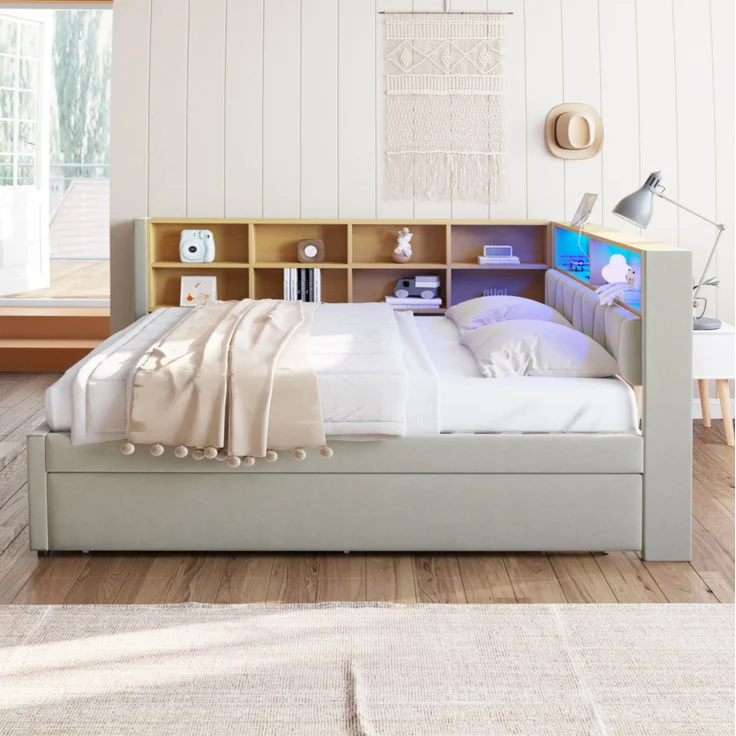 Multifunktionales Schlafsofa 140x200 cm mit Ausziehbett, LED-Leuchten, USB & Typ-C Ladeanschluss, Stauraum,Hellgrau – Bild 5