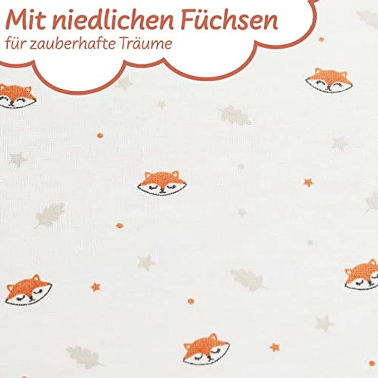 Koru Kids Spannbettlaken Motiv Fuchs, passend zu Kinderbettwäsche Fuchs, 100% Baumwolle, Gummizug: Rundum-Gummizug, (2 Stück), Liebevolles Design mit kleinen Füchsen und Sternchen – Bild 4