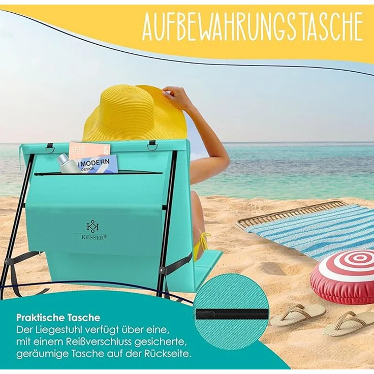 KESSER® Strandmatte, klappbar mit verstellbarer Rückenlehne, faltbar mit Tragegurt, wasserdichter Handyhülle & Aufbewahrungstasche, bis 130kg, Blau, 180cm x 53cm x 40cm – Bild 4
