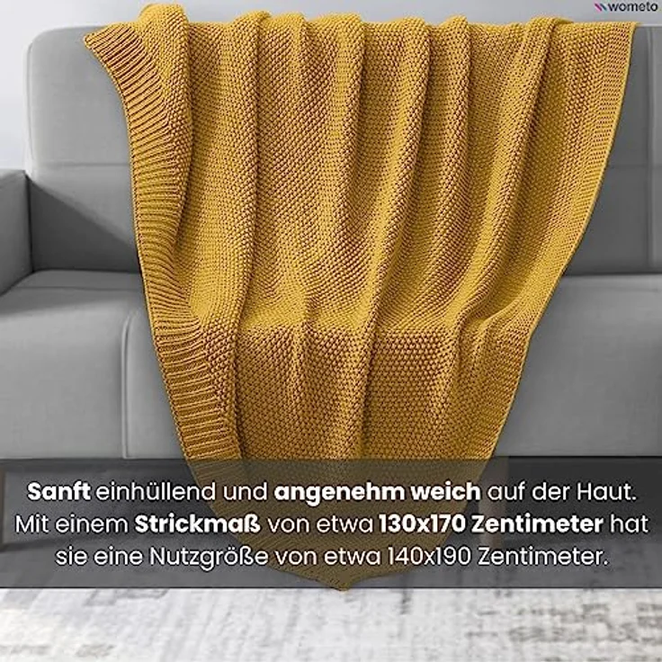 wometo Strickdecke Gelb, 140x190 cm, Oeko-Tex®, pflegeleicht, hochwertige Grobstrick-Optik – Bild 3
