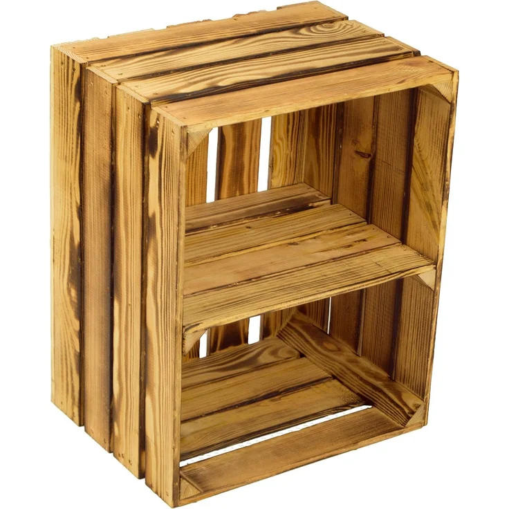 flambierte/geflammte Bücherregal - Schuhregalkiste mit Zwischenbrett/Mittelbrett Einlage ca 50 x 40 x 30 cm / Apfelkisten Weinkisten Holzkisten aus dem Alten Land (GEFLAMMT MIT Einlage QUER)