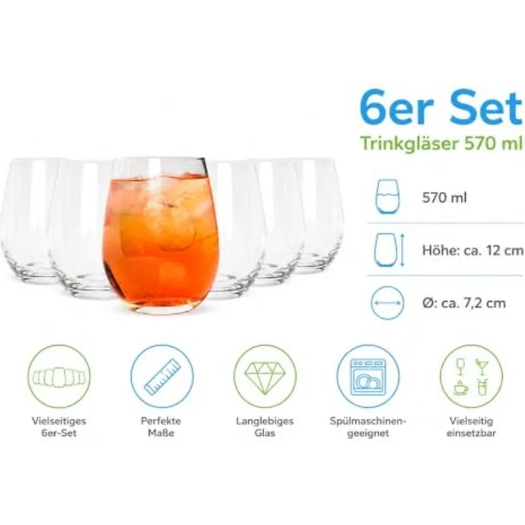 6 Trinkgläser 570ml Wassergläser Saftgläser Longdrinkgläser Cocktailgläser – Bild 6