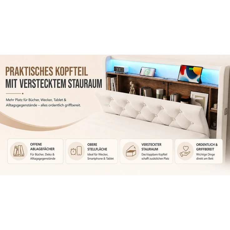 TavilaEcon Boxspringbett Samtbett, Polsterbett mit LED-Beleuchtung & USB-Ladefunktion beige Liegefläche 160 × 200 cm – Bild 9
