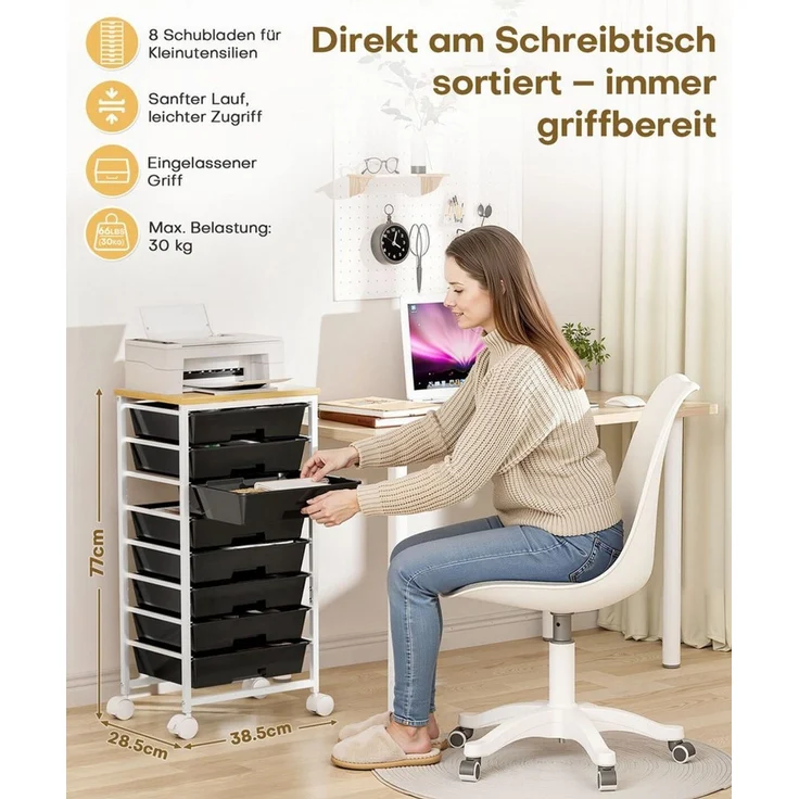 Yorbay Rollwagen mit 8 Schubladen und Holzplatte, Schubladenschrank aus Kunststoff, (Multifunktionaler Aufbewahrungsrollcontainer mit Rollen), für Wohnzimmer, Schlafzimmer, Badezimmer, Büro, Klassenzimmer, Küche – Bild 3