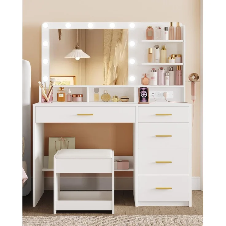 Schminktisch mit 10 LED-Beleuchtung, Hocker, Frisiertisch mit Große Spiegel, Schminktische mit Stecker, Und Haartrocknerhalter, Und Mehreren Schubladen, Weiß, 40 × 108 × 139cm – Bild 1