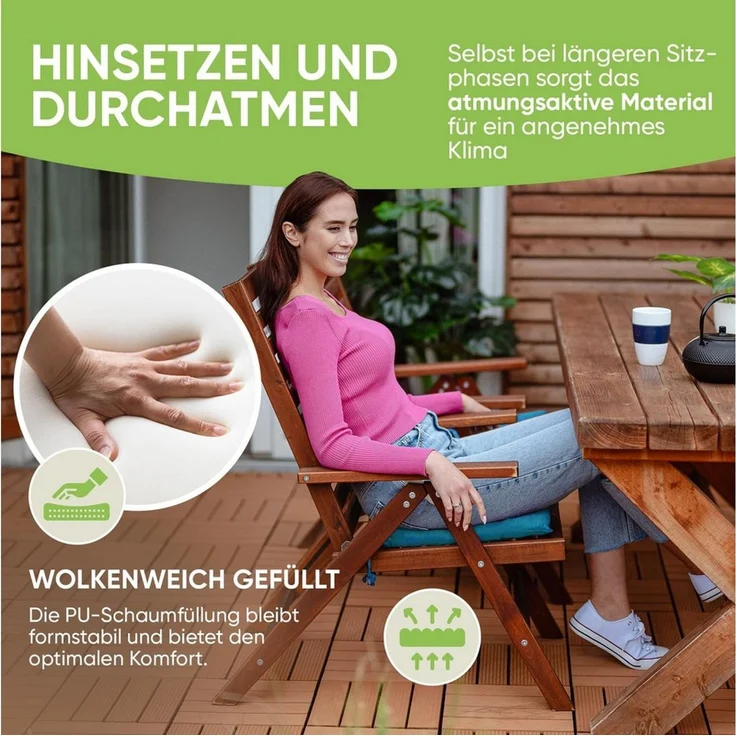 Gräfenstayn Stuhlkissen Sitzkissen 40x40cm Haltebänder Indoor Outdoor, robustes Sitzkissen für Indoor & Outdoor, mit Haltebändern – Bild 3