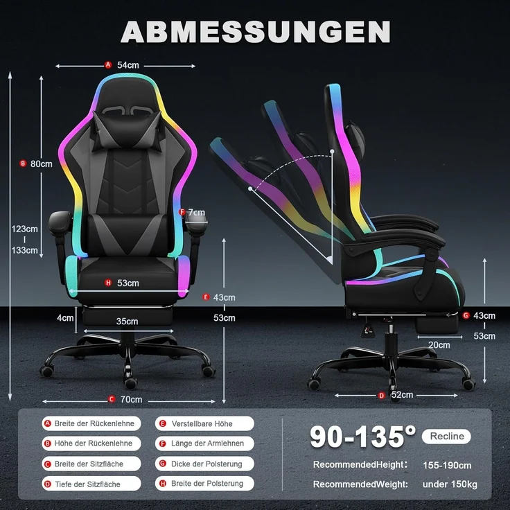 JUMMICO Gaming Stuhl mit led, Cool Racing Gamer Stuhl, Ergonomischer Bürostuhl mit Massagefunktion, Verstellbare Rückenlehne 90-135°, mit Teleskop Fußstütze, Gamingstuhl 150 kg belastbarkeit, Graue – Bild 3