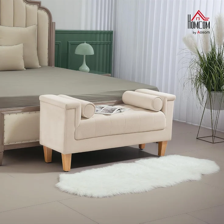 HOMCOM Polsterbank Sitzbank Chenille-Bezug, Armlehne, für Schlafzimmer, Wohnzimmer, Flur 115 x 44 x 58 cm Beige – Bild 2