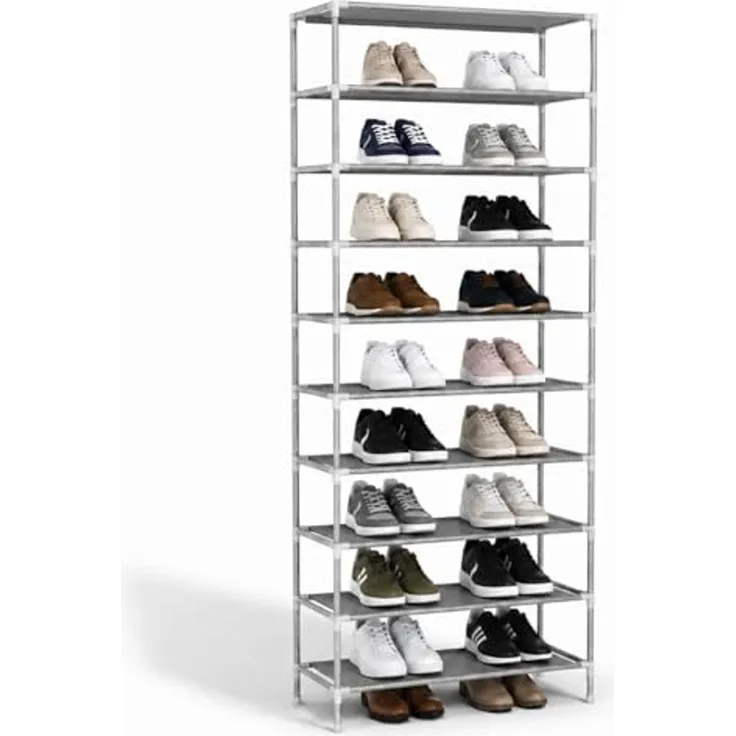 YaLiva_Decor® Schuhregal Höhenverstellbar, Aufbewahrungssystem für bis 35 Paar Schuhe, Metall grau, 55 x 27 x 155 cm