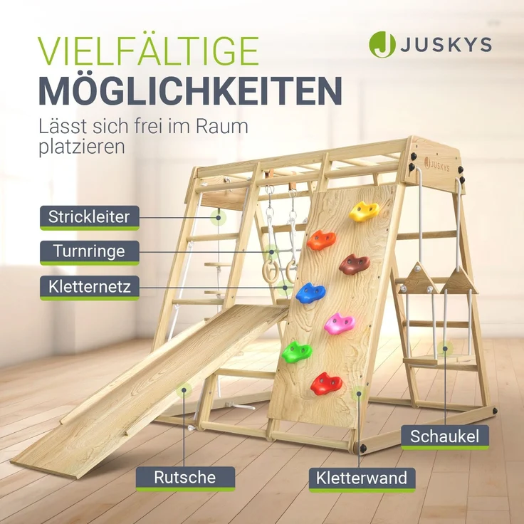 Juskys 'Maxi' Klettergerüst für Kinder - Indoor Spielplatz mit Rutsche, Kletterwand, Kletternetz & Schaukel - Holz Kletterturm klappbar - Holz Natur, 119 x 124 x 119 cm – Bild 3