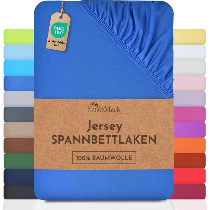 NatureMark Jersey Spannbettlaken, Spannbetttuch 100% Baumwolle in vielen Größen und Farben MARKENQUALITÄT ÖKOTEX Standard 100 | 200x220 cm +40 Steg - royal blau – Bild 1