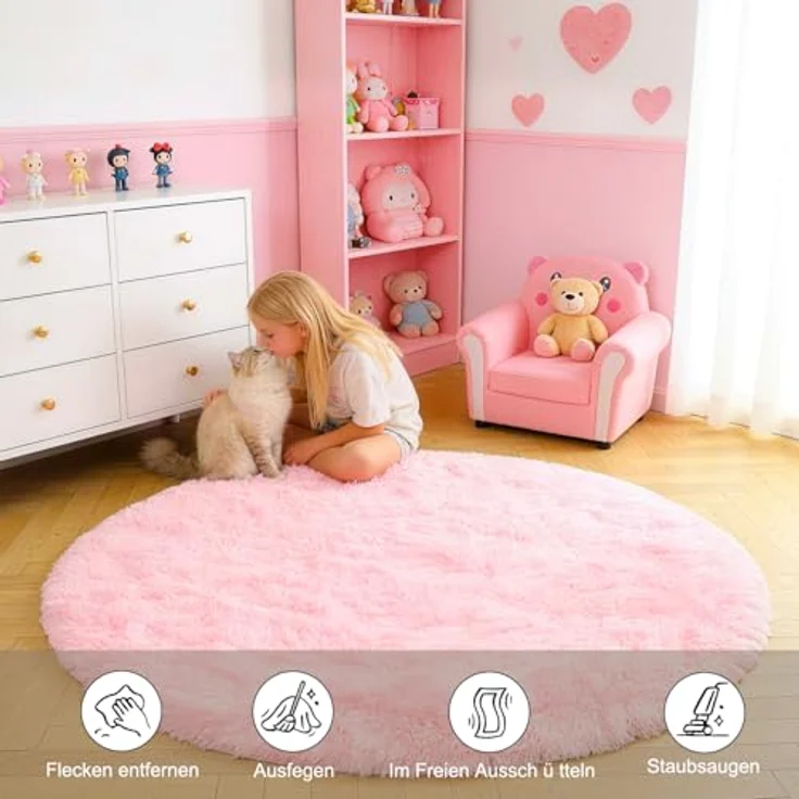 ROHATIM Teppich Schlafzimmer Rund 150 cm Rosa Waschbar Rutschfester Runder Hochflorteppich Wohnzimmer Kinderzimmer Mädchen Flauschig – Bild 3