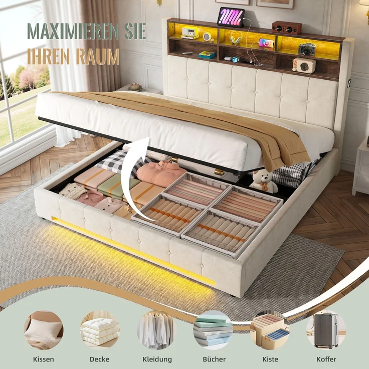 TavilaEcon Polsterbett mit Bettkasten und USB-C-Anschluss beige Liegefläche 180 × 200 cm – Bild 6