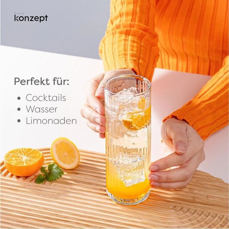KONZEPT Gläser-Set 6er – 320 ml geriffelte Longdrinkgläser aus klarem Glas, 6-tlg, Einzigartige Form, Ideal für Cocktails, Gin Tonic, Eiskaffee – Bild 2