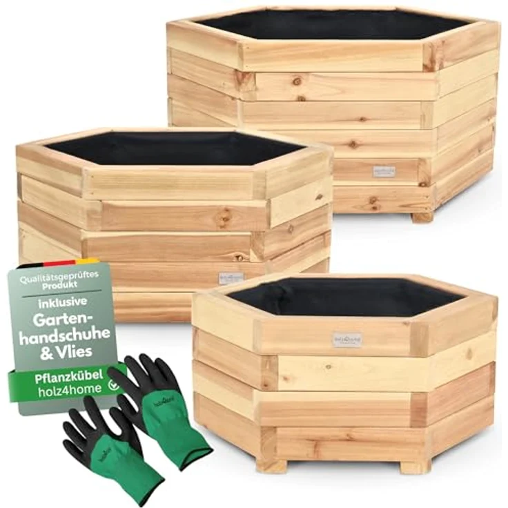 holz4home® Pflanzkübel 6-eckig aus Tannenholz I Outdoor Blumenkübel für Garten Balkon, inkl. Gartenhandschuhe & Vlies – Bild 2