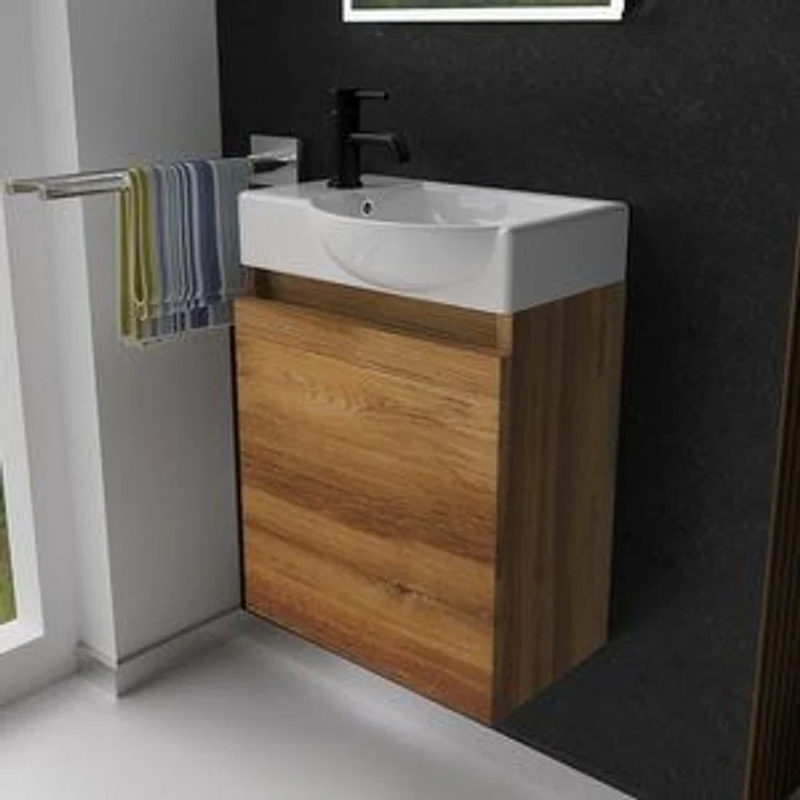 Alpenberger Badmöbel-Set Gäste WC Waschbecken mit Unterschrank - Hängeschrank Vormontiert, (Washbasin - Waschtisch Set, Schmales Waschbecken mit Unterschrank), Waschbecken mit Unterschrank Holzoptik - Gäste WC Set – Bild 6