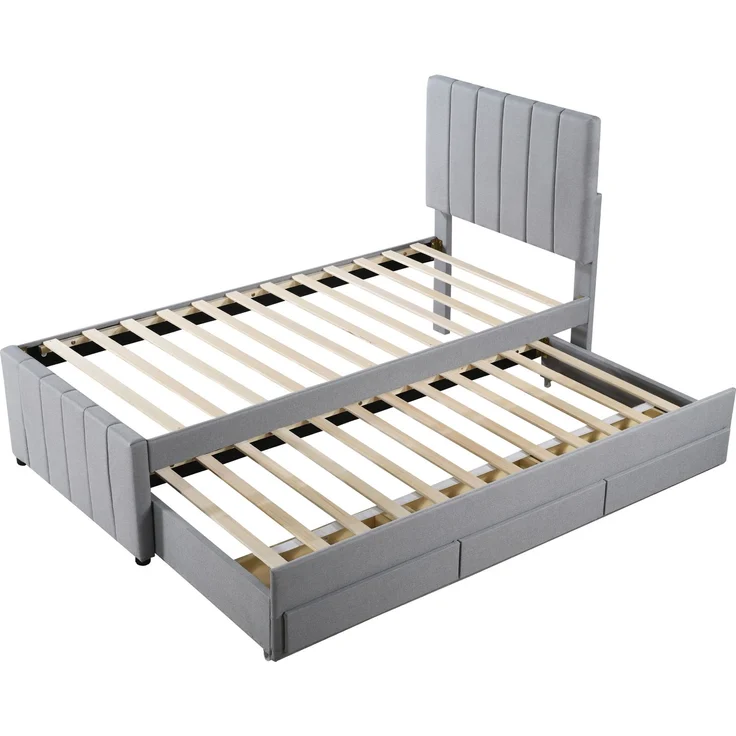 Polsterbett 90x200 cm mit Ausziehbett und 3 Schubladen – Leinenbezug, höhenverstellbares Kopfteil, grau – Bild 10