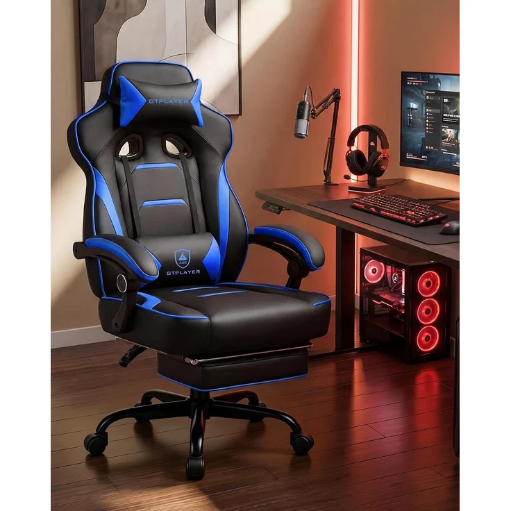 GTPLAYER Gaming Stuhl mit Fußstütze, Ergonomischer Bürostuhl 180kg, Schwerlast Gaming Sessel mit Lendenwirbelstütze und Kopfstütze, Höhenverstellbarer Computerstuhl, Gepolstert, neigbare 155°, BLAU – Bild 4
