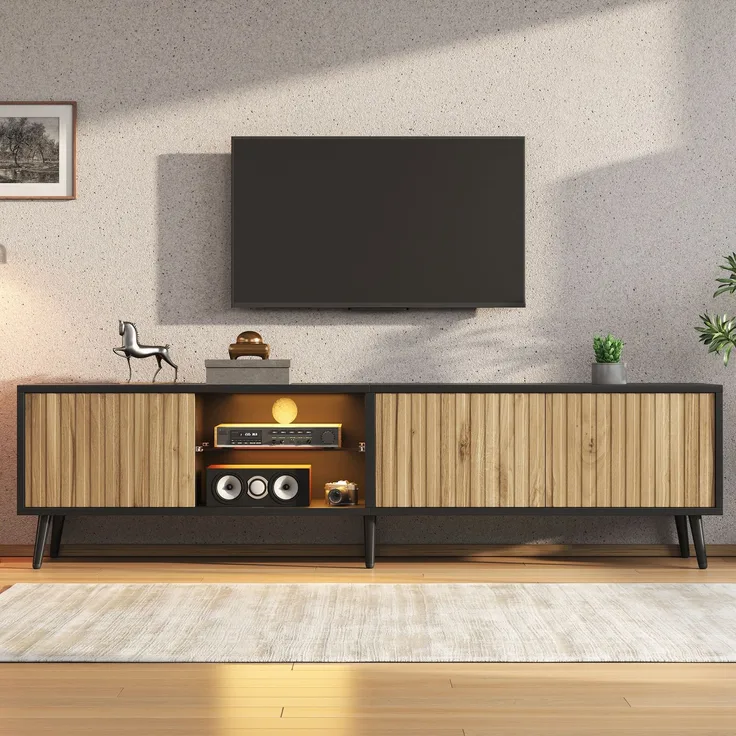 Merax 175cm LED-TV-Schrank für das Wohnzimmer, Naturholzfarbe + Schwarz, lowboard mit 6 Stützbeinen, Schrank aus gehärtetem Glas, 3 Schränke für viel Stauraum, Geeignet für 75-Zoll