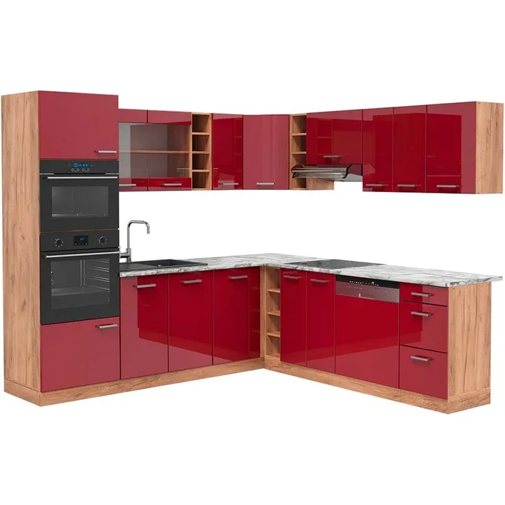 Eckküche R-Line Rot Hochglanz/Goldkraft Eiche 247 x 237 cm, AP Marmor Vicco