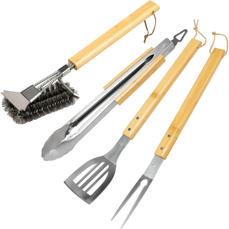 eluno Grillbesteck 4er-Set, Edelstahl und Bambus – Bild 1