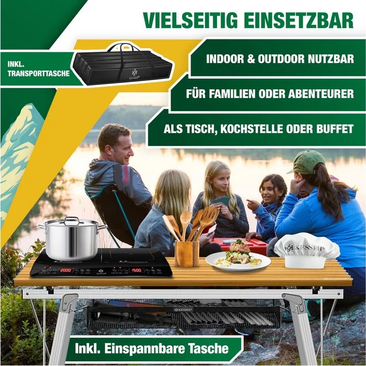 KESSER® Campingtisch faltbar Klapptisch mit Aluminiumrahmen Aufrollbare Tischplatte Falttisch klappbar inkl. Tragetasche mit Trageband & Netztasche, Holz-Optik Braun / Silber, 90 cm – Bild 2