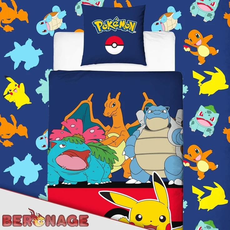 BERONAGE Kinderbettwäsche Pokemon Bettwäsche Pikachu Glurak Bisaflor Turtok Linon / Renforcé, 100% Baumwolle, 135x200 + 80x80 cm – Bild 4