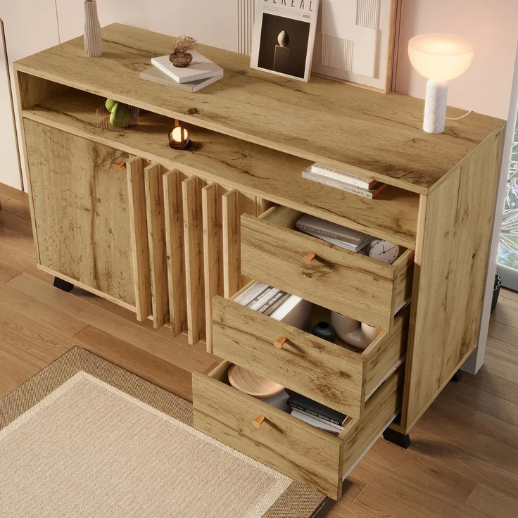 Merax Sideboard Kommode mit 3 Schubladen und 2 Türen Stauraumschrank mit offenem Fach und Lamellenfront im Vintage Stil für Wohnzimmer Esszimmer Flur und Eingangsbereich in dunkler Eiche – Bild 3