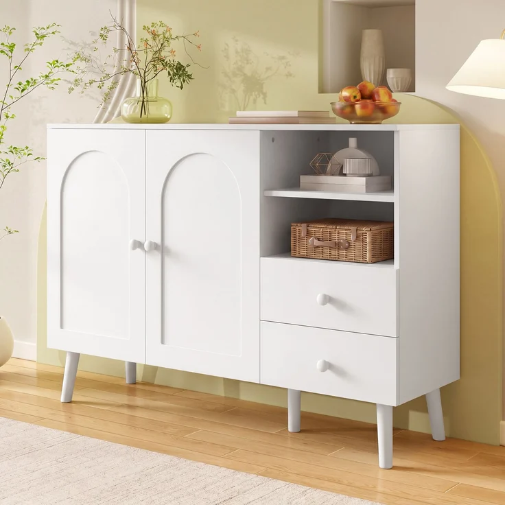 Merax Sideboard, gewölbte Türen, Holzgriffe, Holzfüße, mit 2 Türen, 2 Schubladen und 2offenem Fach, Mehrfachaufbewahrung, Weiß – Bild 5