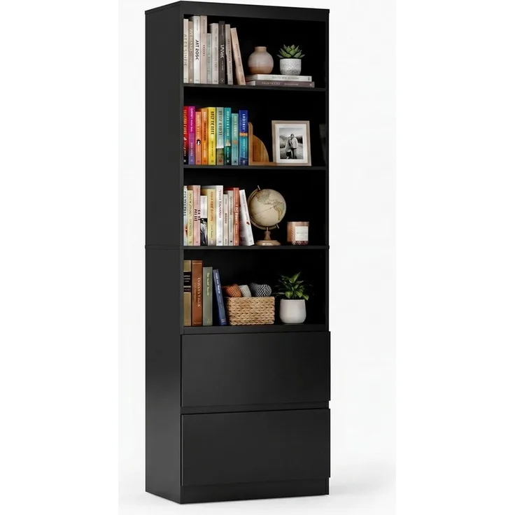 Blishom Bücherregal Schmales Bücherregal mit 4 Ablagen und 2 Schubladen, Offener Aufbewahrungsschrank mit Kippschutz