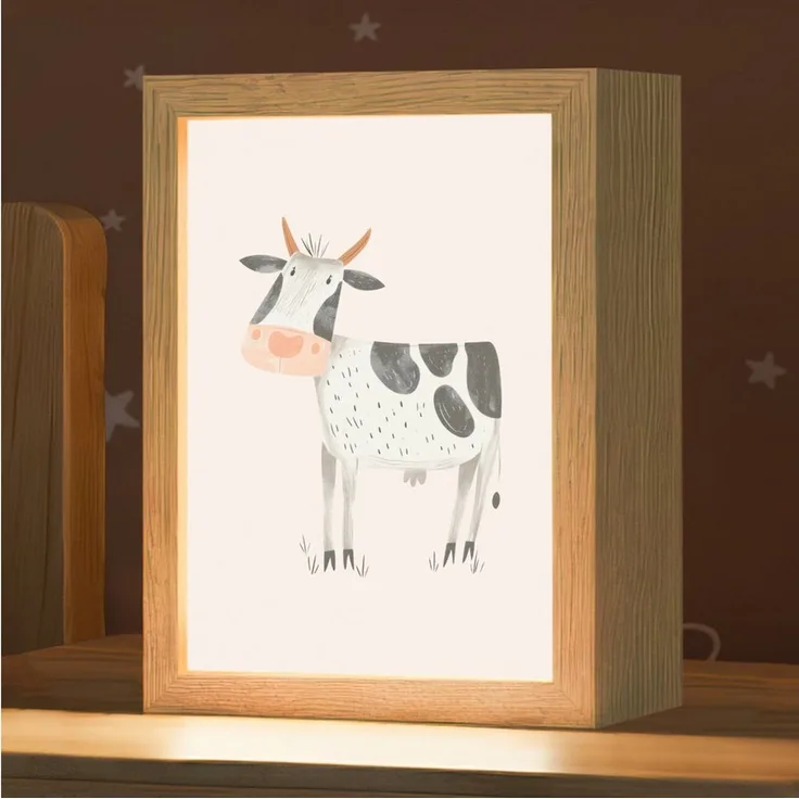 OnlyWow Nachttischlampe Lightbox Kuh - Bauernhoftier - Tiere - Pastellfarben - Jungen, Dimmbar, Farbwechsel, LED, Warmweiß, Kaltweiß, Neutralweiß Einstellbar, Kinderzimmer, Babyzimmer, Dimmbar, mit Kabel, Nachtlampe, LED
