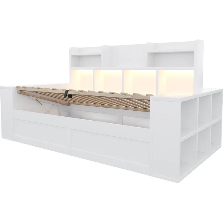 Schlafsofa mit hydraulischem Stauraum & LED-Beleuchtung, 90x200 cm, Weiß, ohne Matratze – Bild 7