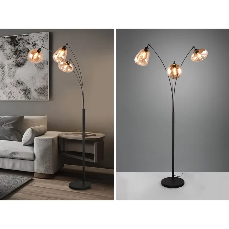 Große LED Stehleuchte mit 3 Glas Lampenschirmen amberfarbig, H: 200cm