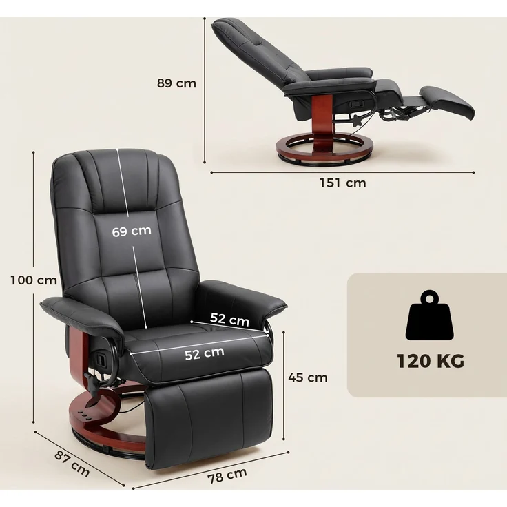 MELAYR, Relaxsessel Fernsehsessel Liegesessel Air-Leder 360° Drehstuhl 145° neigbar Schwarz, 78 x 87 x 100 cm – Bild 5