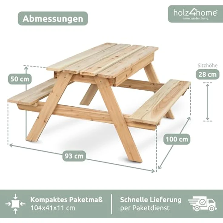 holz4home Outdoor Picknickbank Kinder, massive Kiefernholz-Bank für mehrere Personen, wetterfest und langlebig – Bild 7