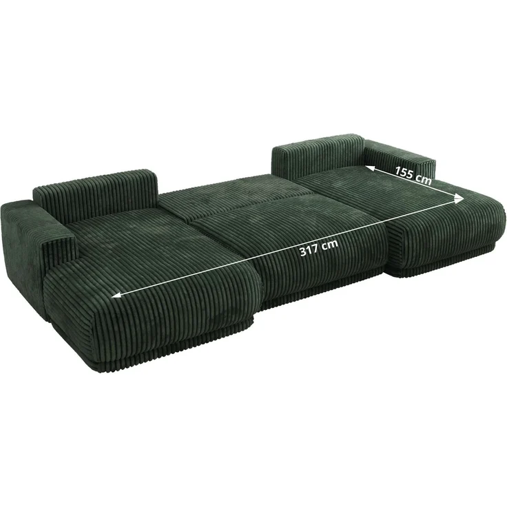 XXL Wohnlandschaft RINA U-Form 360 cm breit, Sofa mit Schlaffunktion & DL-Mechanismus, Wellenfederung, modern freistehend - Dunkelgrün Cord – Bild 8