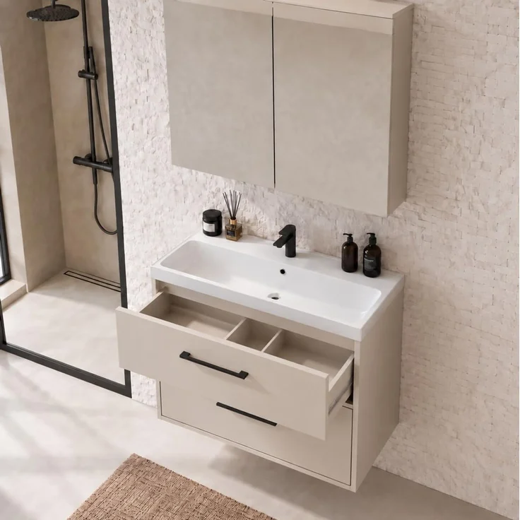 Badplaats Badmöbel Florence 80 x 40 cm - Cashmere - mit Waschbecken und Spiegelschrank – Bild 2