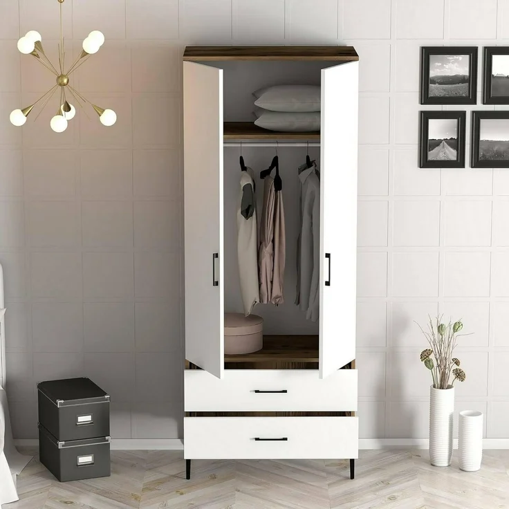 Dmora - Kleiderschrank 2 Türen Naos, Schlafzimmermöbel, Schrank, Garderobe, 80x201h48 cm, Walnuss und Weiß – Bild 6