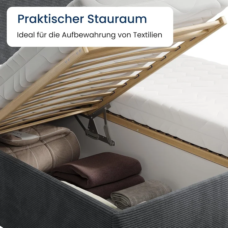 Home Collective Polsterbett Bett mit Stauraum, verstellbarem Lattenrost, viele Größen (Größen: 100x200 120x200 140x200 160x200 180x200 200x200, hochwertiger Kordstoff, made in Germany), wählbare Matratze Federkern oder Kaltschaum, Anthrazit – Bild 8