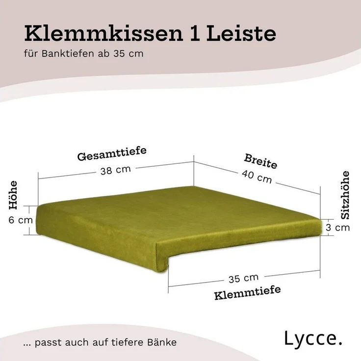 Lycce Bankauflage Klemmkissen, Sitzkissen mit 1 Leiste, 40cm breit - 35cm Klemmtiefe, (1 St), weich gepolstert, verrutscht nicht, edle Optik Samt senf olive – Bild 3