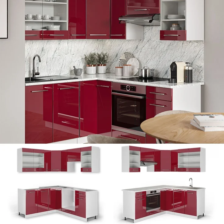 Eckküche Fame-Line Bordeaux Hochglanz/Weiß 190 x 60 cm , AP Anthrazit Vicco – Bild 2