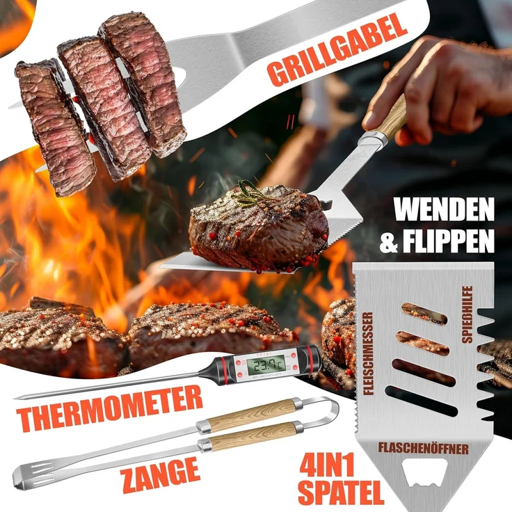KESSER® Grillbesteck Set 37-teilig Grillzubehör aus rostfreiem Edelstahl Grillset mit Grillzange, Grillwender, 4in1 Grillspatel, Grillgabel, Grill-Spieß, Thermometer, Korkenzieher, Grillmatte & Tasche Beige – Bild 3