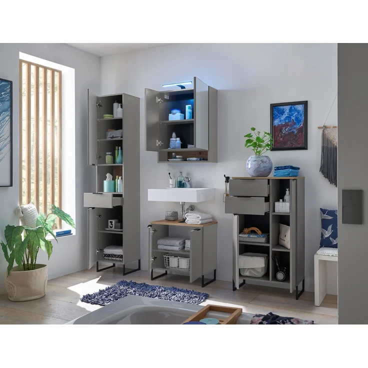 Badezimmerspiegelschrank >Denver< LED, Steckdose, grau matt / evoke eiche Dekor - 60x75x22 (BxHxT) – Bild 7