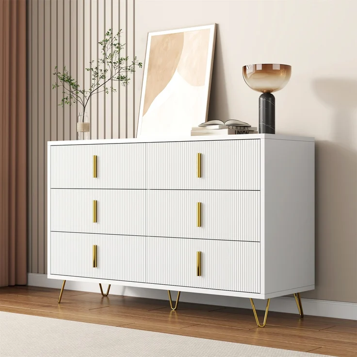 Sideboard 120x40 cm Weiß Gold 6 Schubladen Wellenfront TV Schrank Lowboard Aufbewahrung Wohnzimmer Esszimmer – Bild 3