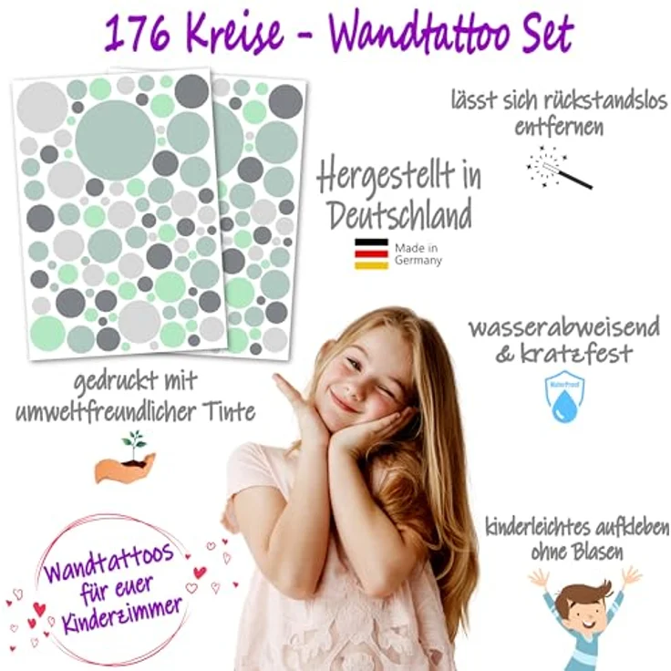 PUNALU Wandtattoo Kreis Set 176 Stück Wandtattoo Babyzimmer Kinderzimmer Kreisaufkleber, selbstklebend, rückstandslos abziehbar – Bild 8